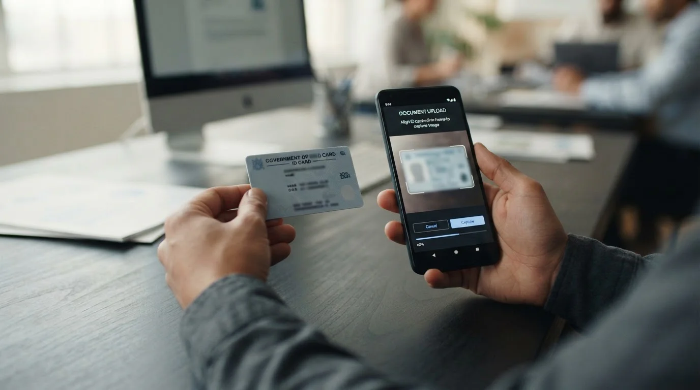 KYC document verification process with ID card and smartphone upload interface