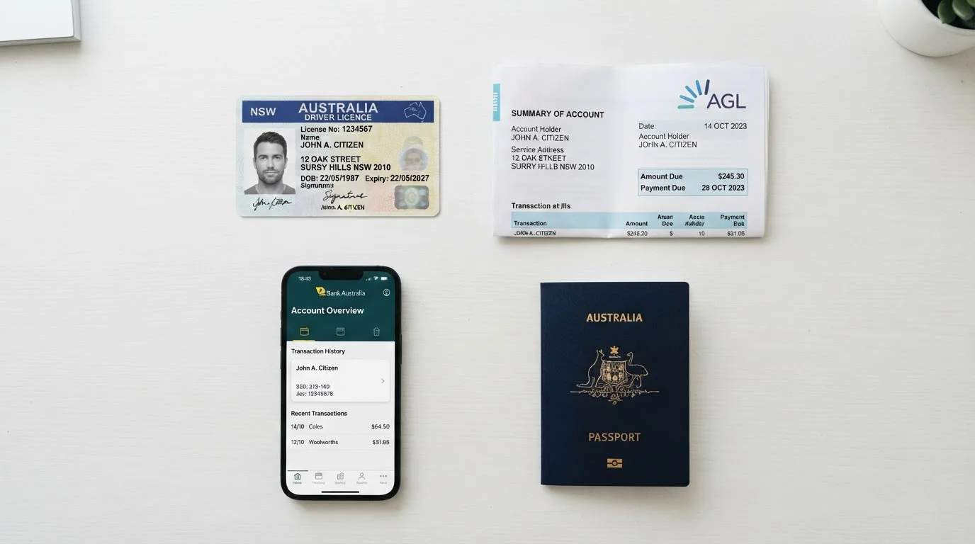 Scanned government ID and utility bill documents arranged for KYC verification upload