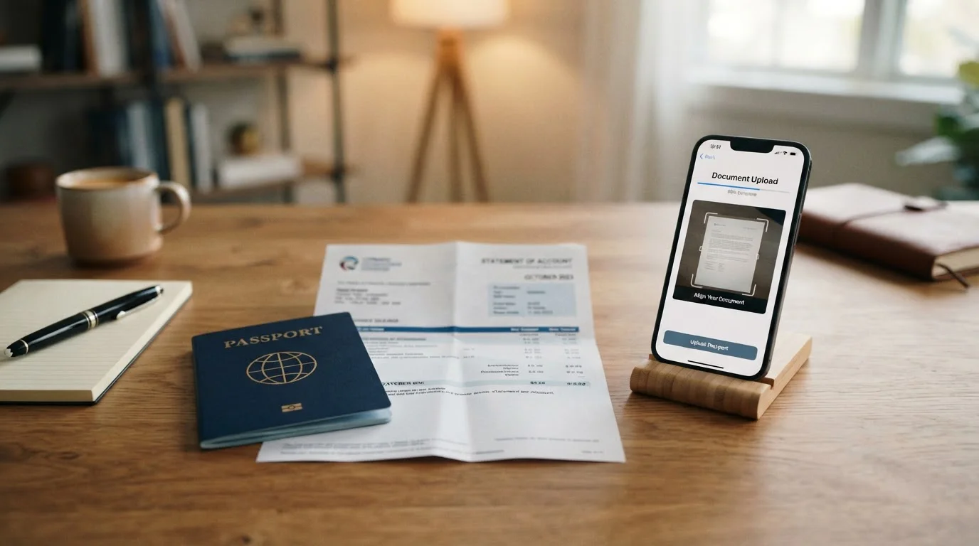 Identity verification documents including passport and proof of address on desk
