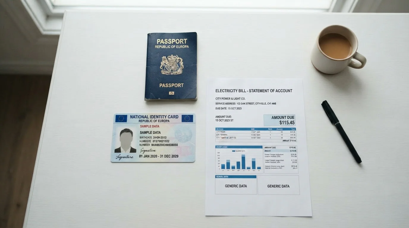 ID verification documents with passport and utility bill for casino KYC