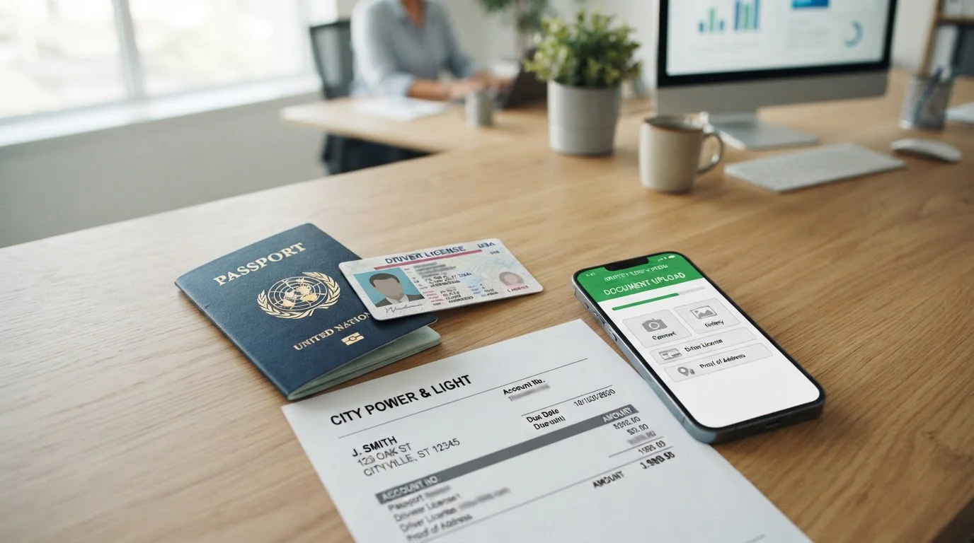 Identity documents arranged on desk with smartphone showing upload interface