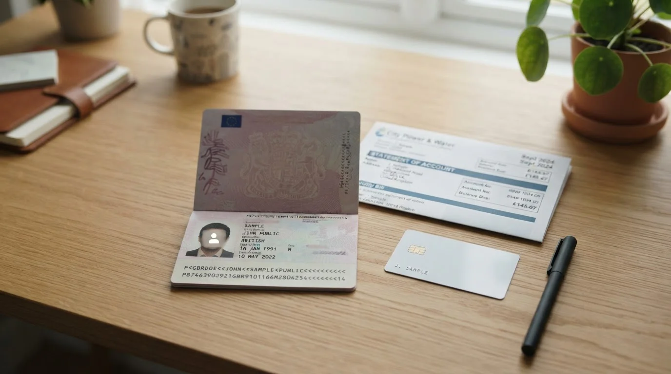 Documents including passport and utility bill laid out for identity verification process