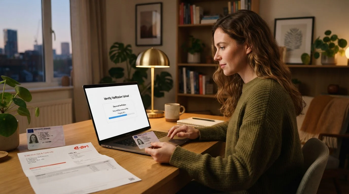 Person uploading identity documents on laptop for casino KYC verification