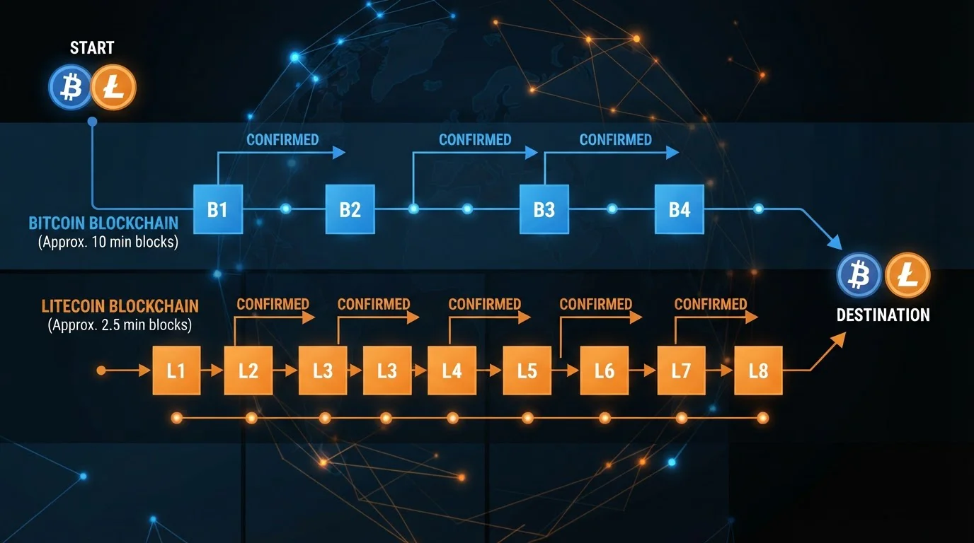Blockchain network diagram showing Litecoin transaction confirmation speed compared to Bitcoin