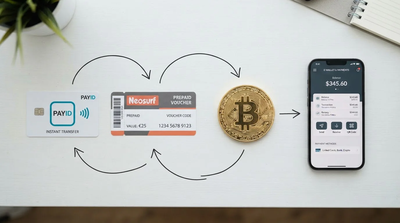 Payment method icons showing PayID, Neosurf, Bitcoin, and eZeeWallet as Mastercard alternatives