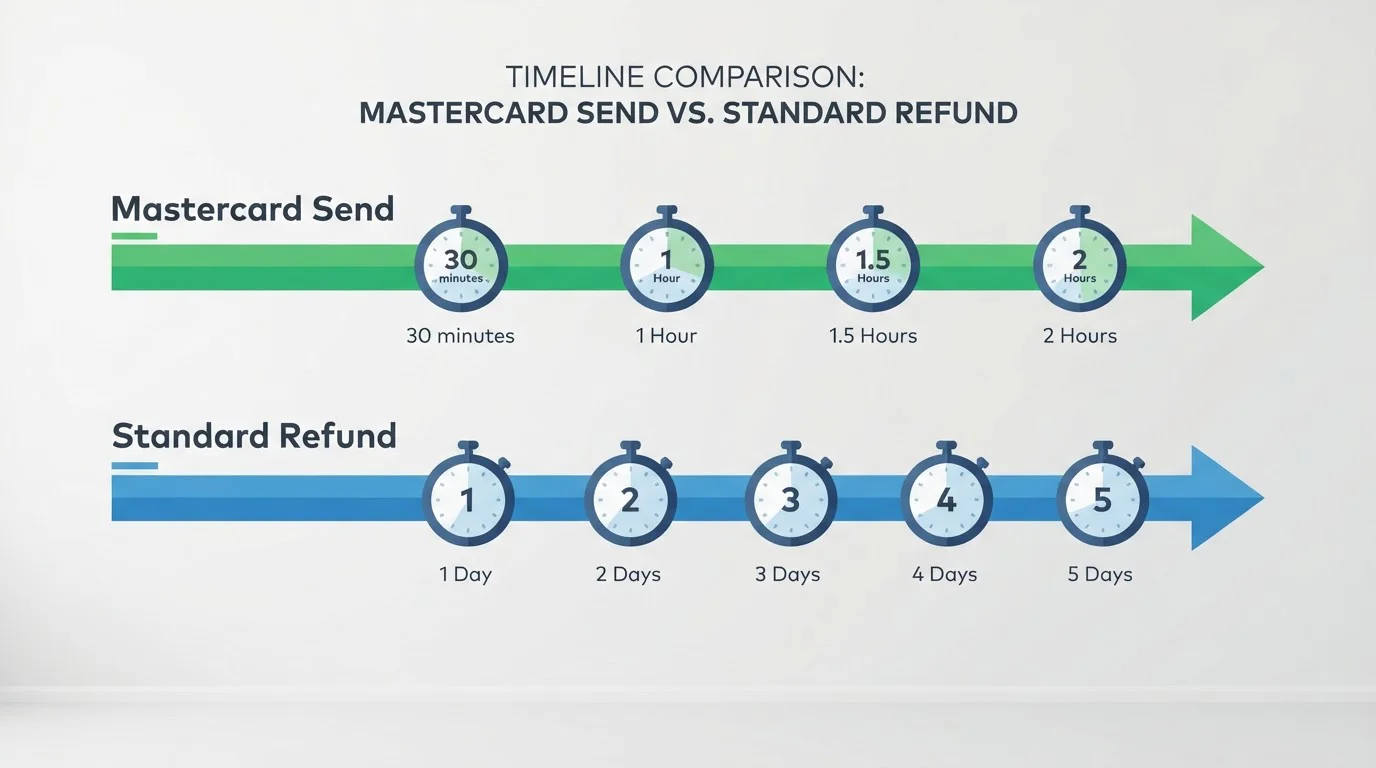 Diagram showing Mastercard Send push payment vs standard refund withdrawal timing