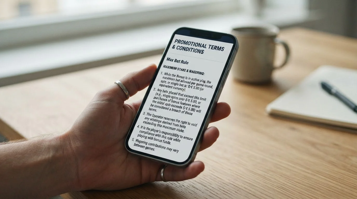 Mobile phone showing bonus terms document with max bet rule highlighted