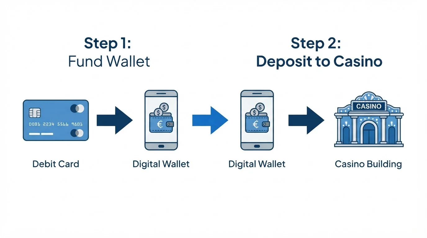 Step-by-step diagram showing MiFinity funding and casino deposit process