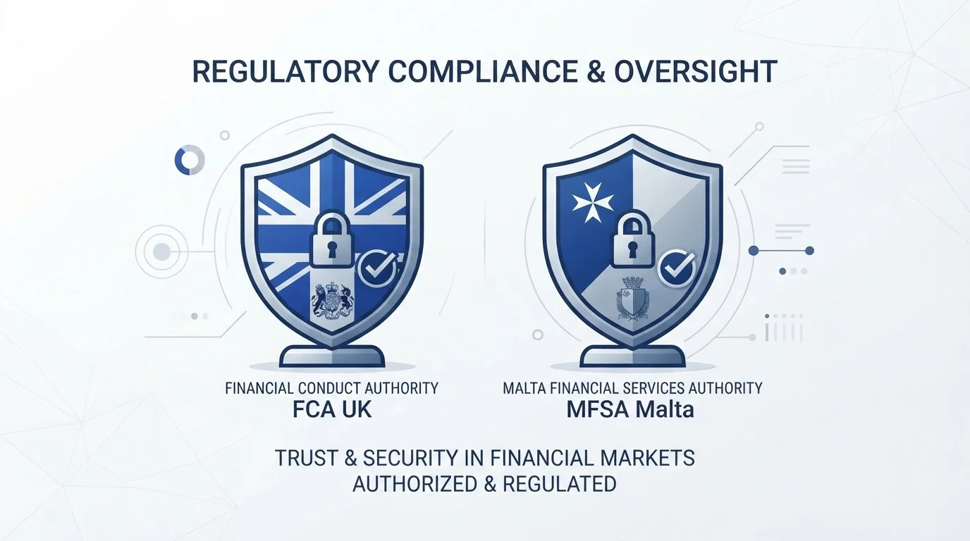 Regulatory logos showing FCA and MFSA oversight with security badge icons