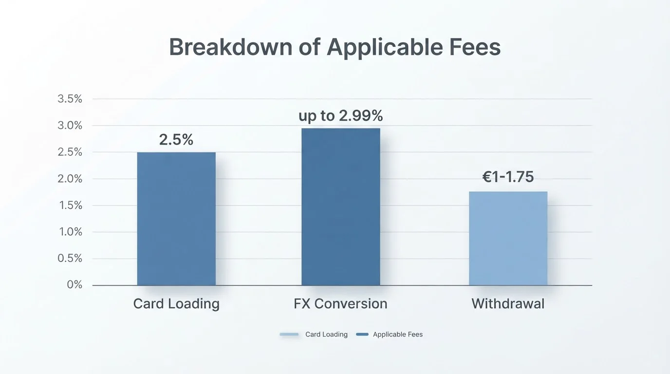Breakdown chart of MiFinity fees for Australian users showing card loading, FX conversion, and withdrawal costs