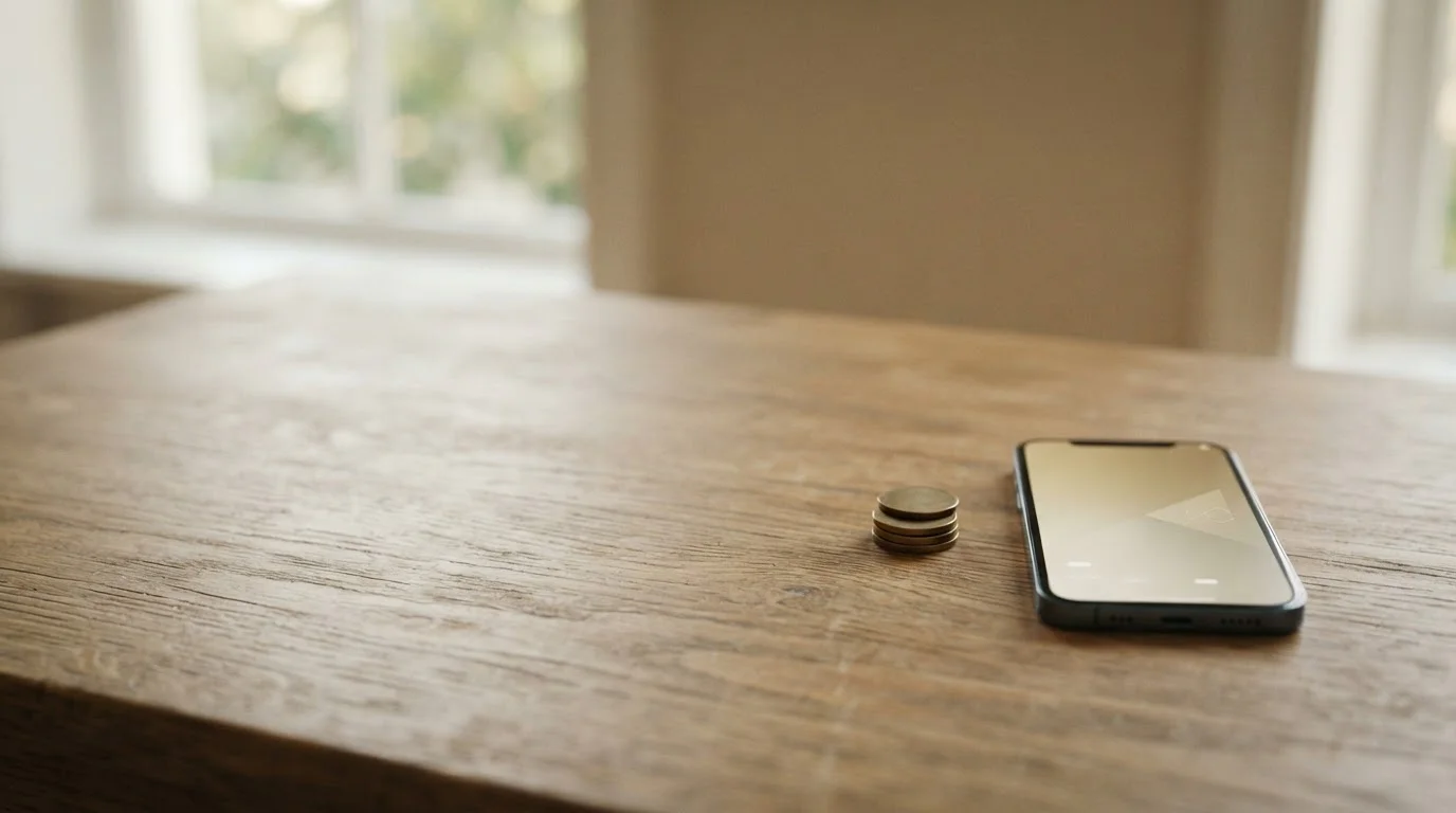Minimalist wooden desk with a small stack of generic unbranded coins beside a smartphone showing a neutral cashier screen