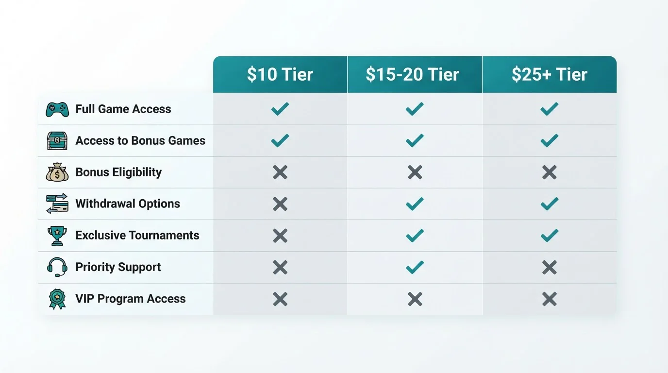 Tier comparison chart showing $10, $15-20, and $25+ deposit ranges with features unlocked at each level
