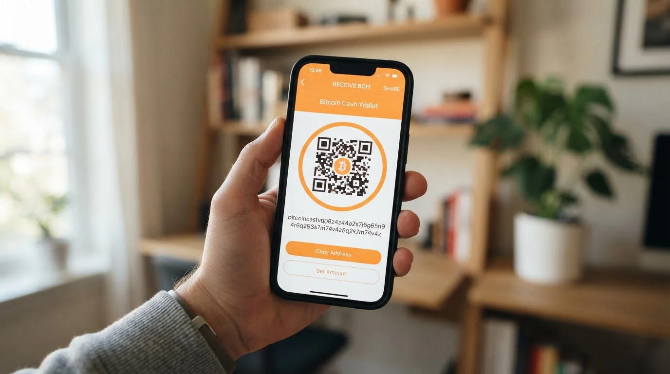 Mobile phone displaying Bitcoin Cash wallet app with receiving address QR code ready for casino withdrawal