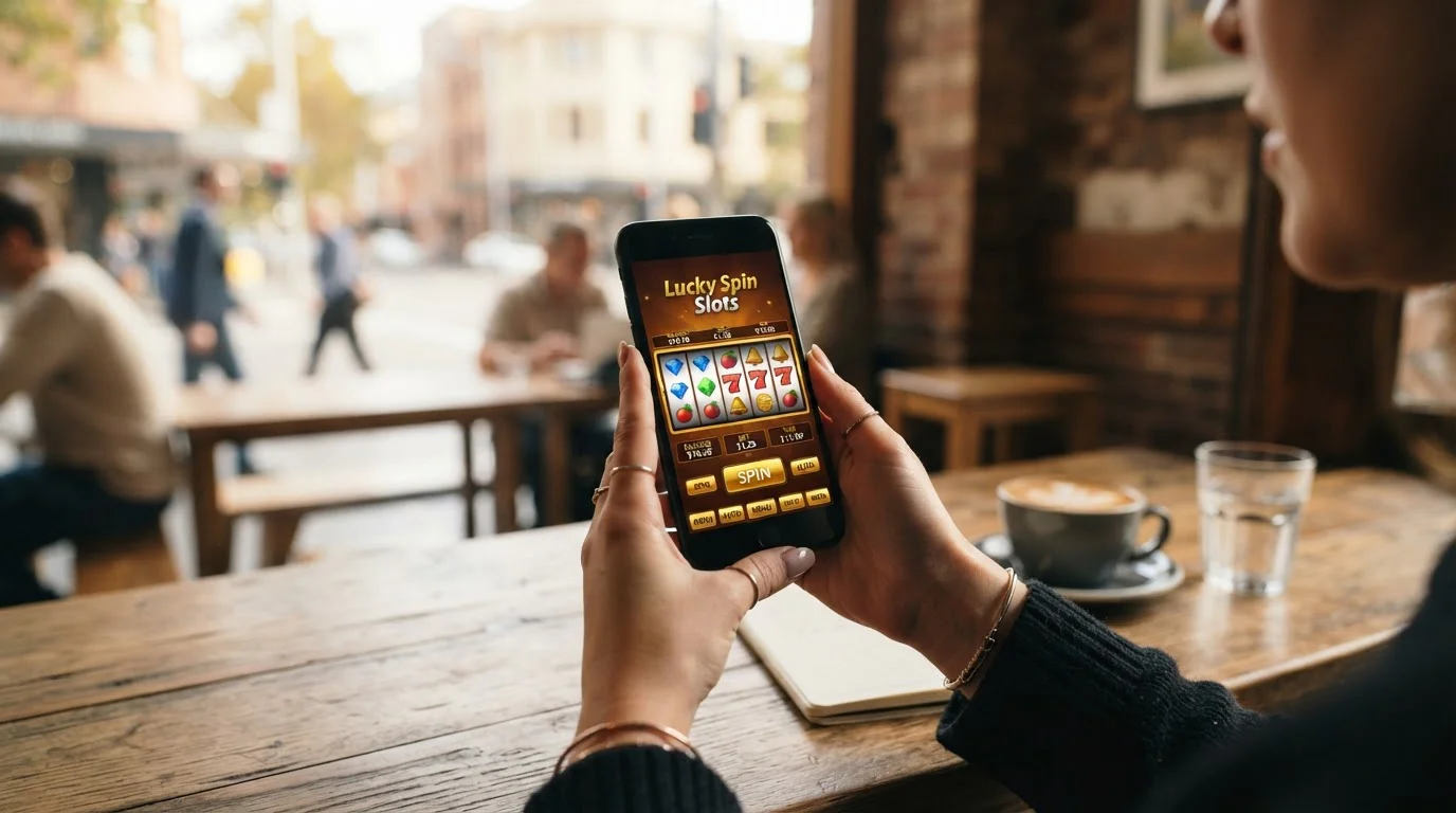 Australian player using smartphone to access Bitcoin pokies with mobile interface visible
