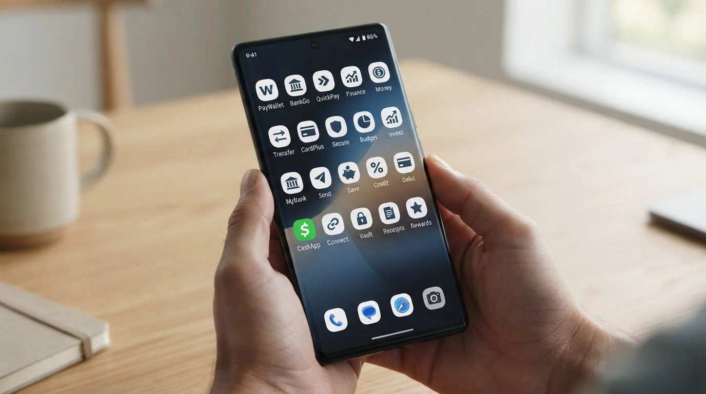 Modern smartphone showing multiple payment app icons including banking and digital wallet options