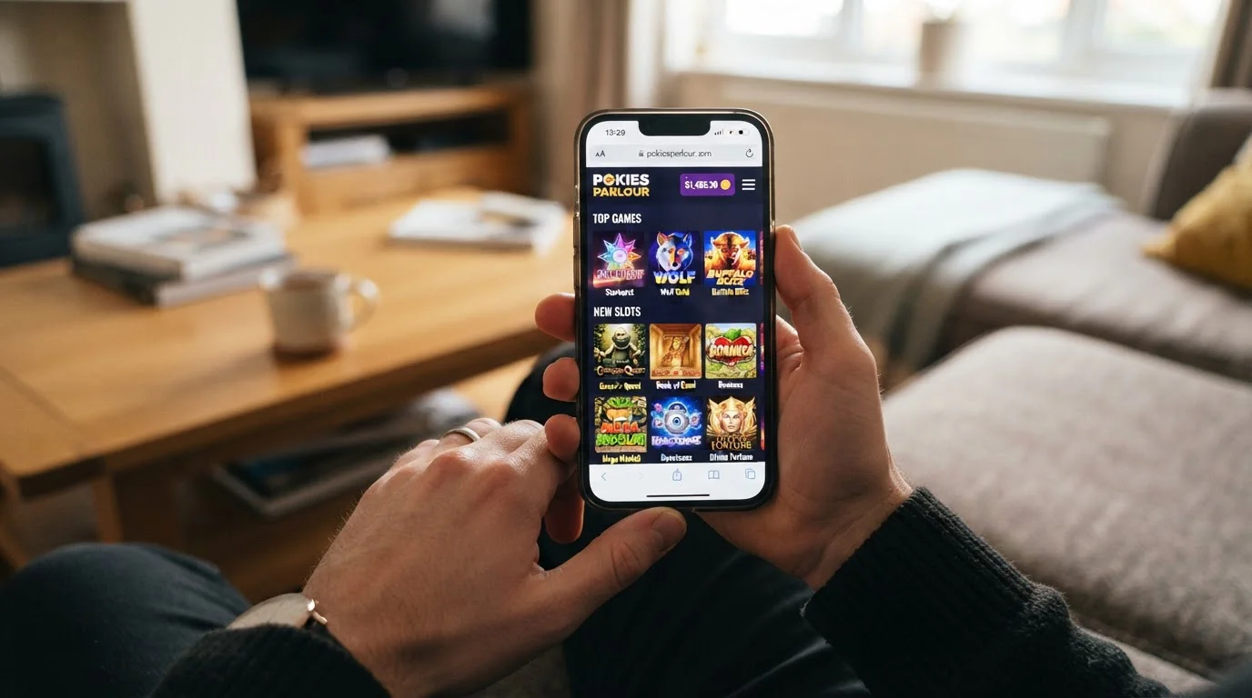 Hand holding smartphone showing pokies lobby in browser