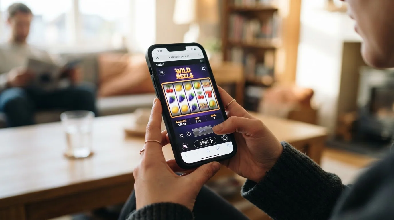 Smartphone showing mobile pokies game interface in browser