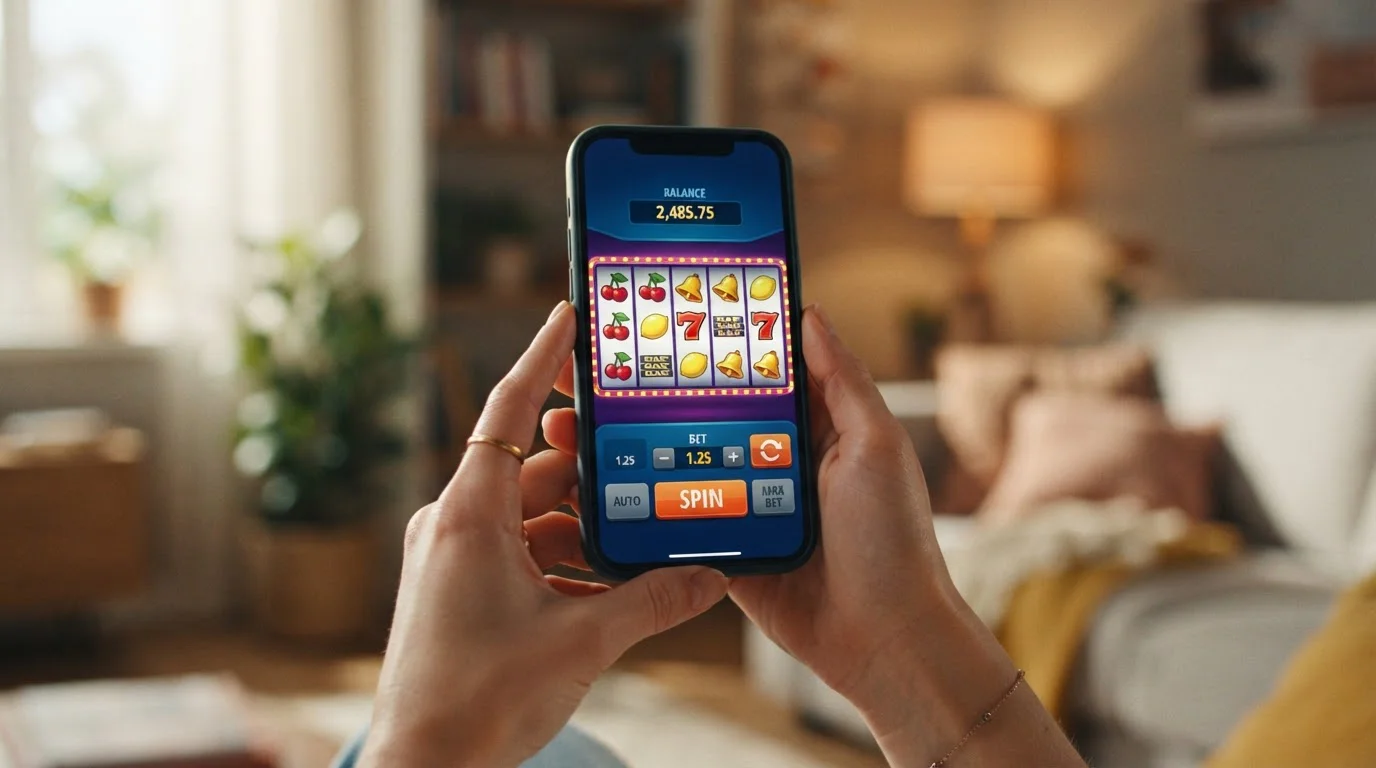 Mobile phone displaying pokies game with balance and bet controls