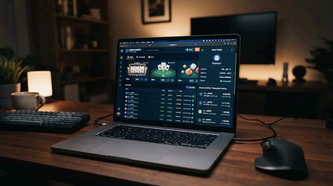 Laptop screen displaying cryptocurrency casino platform with Solana wallet connection interface