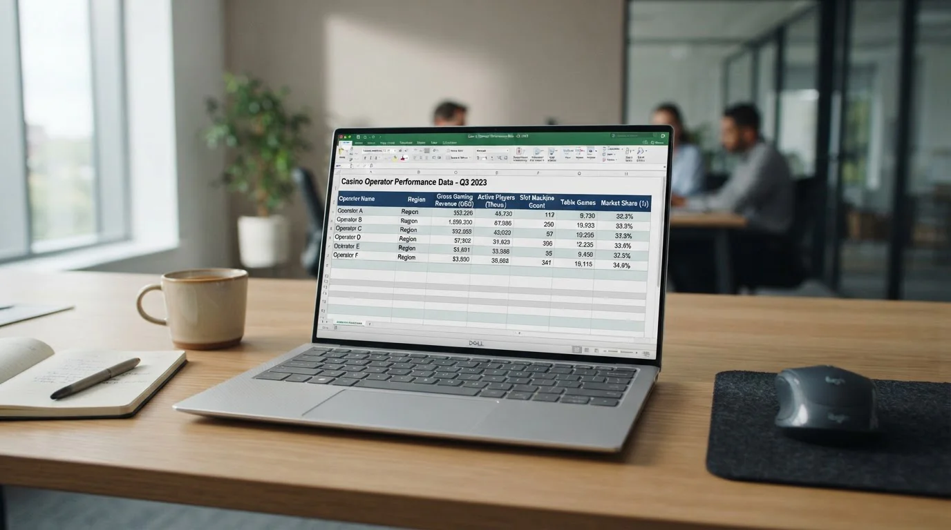 Comparison table displayed on laptop screen showing casino operators with licenses and withdrawal times