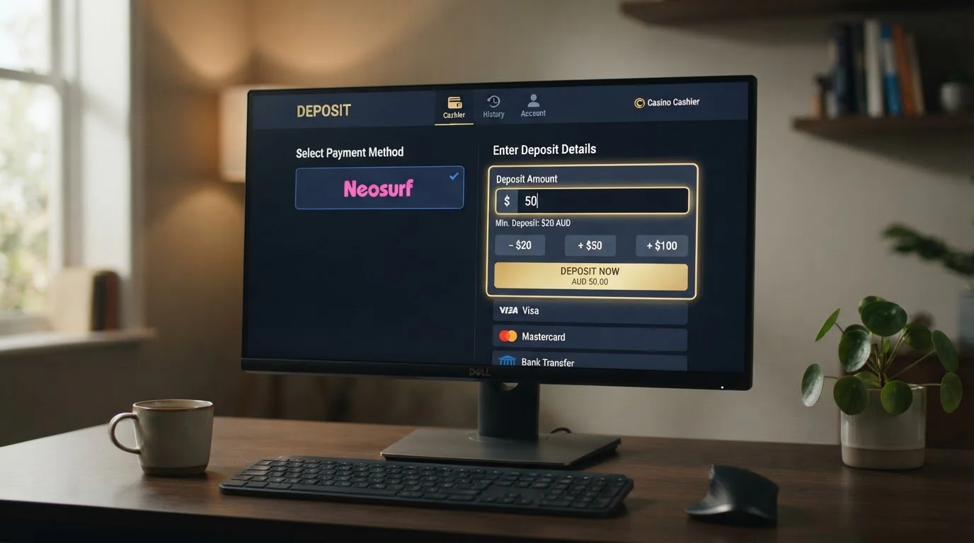 Casino cashier screen showing Neosurf payment option with minimum deposit field highlighted