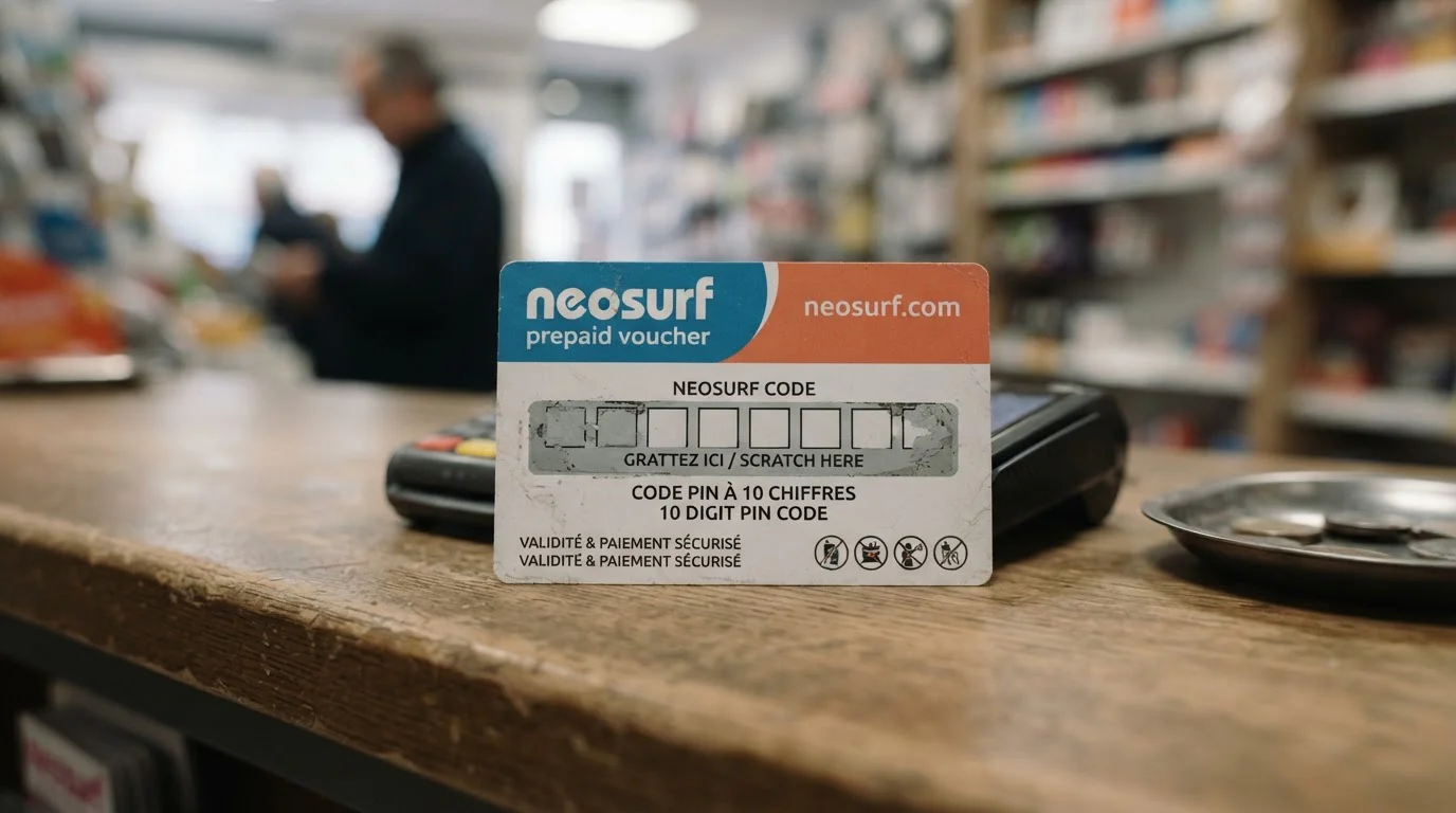 Neosurf prepaid voucher with ten-digit PIN code at retail counter