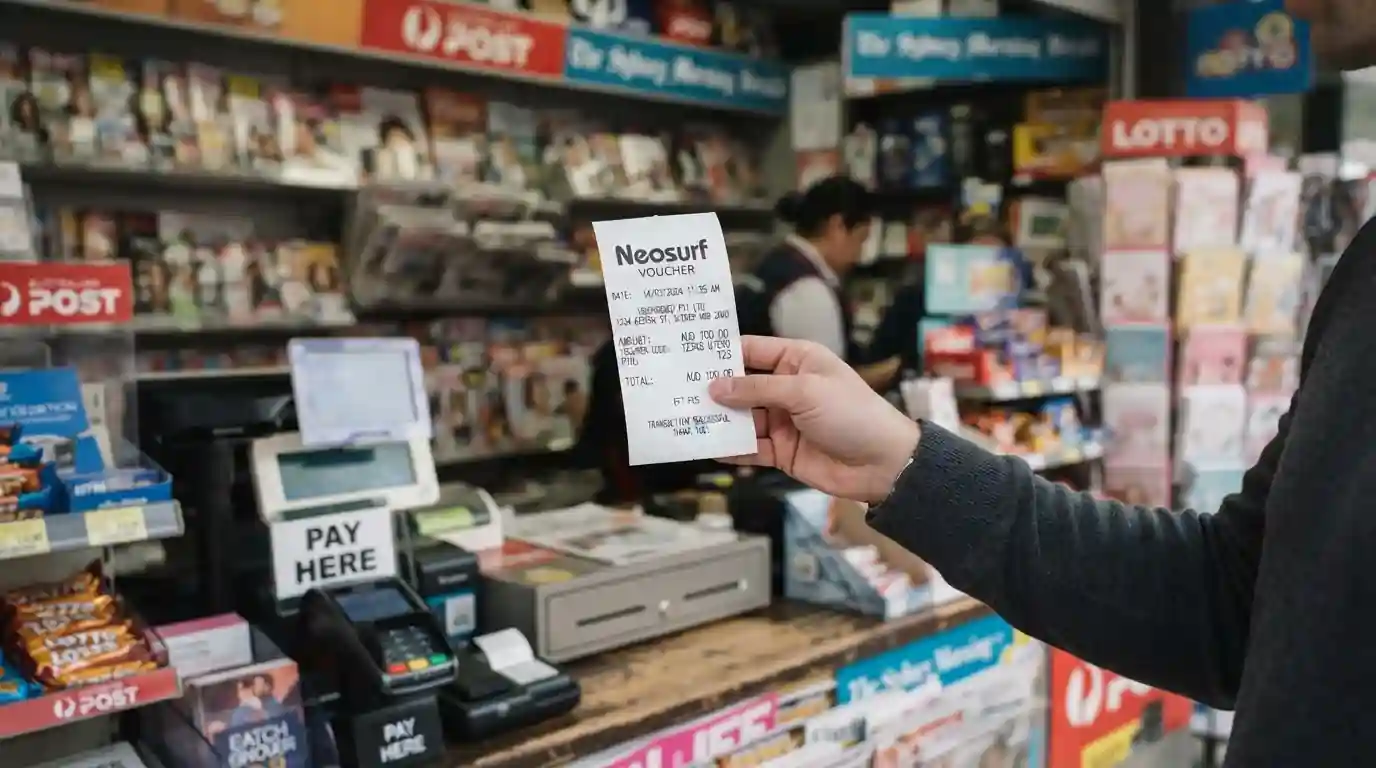 Person holding Neosurf voucher receipt with PIN code at Australian newsagent counter