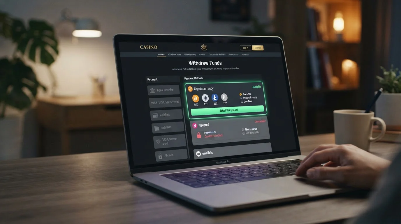 Laptop screen showing casino cashier withdrawal options with Neosurf greyed out and crypto highlighted