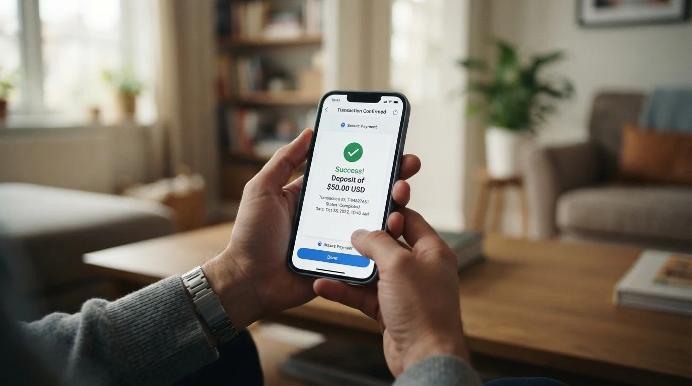 Mobile phone showing Neteller deposit interface with secure payment confirmation