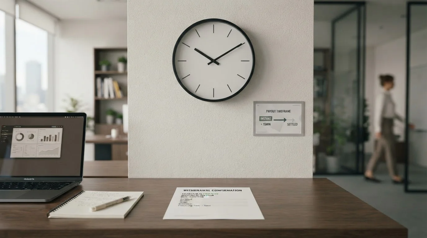 Clock and withdrawal confirmation showing verified payout timeframes