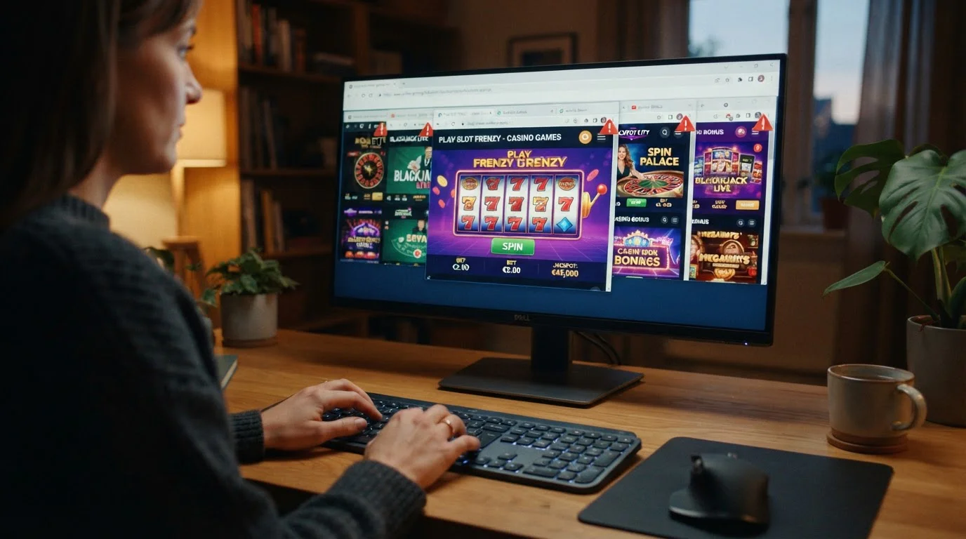 Desktop with multiple browser tabs showing unverified casino sites with red warning flags