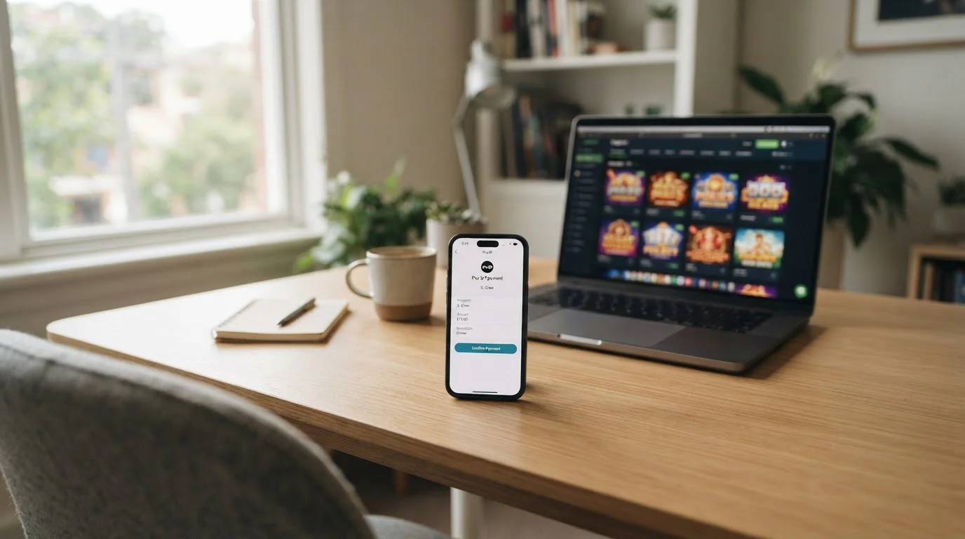Australian player using PayID for instant pokies deposits on smartphone and laptop