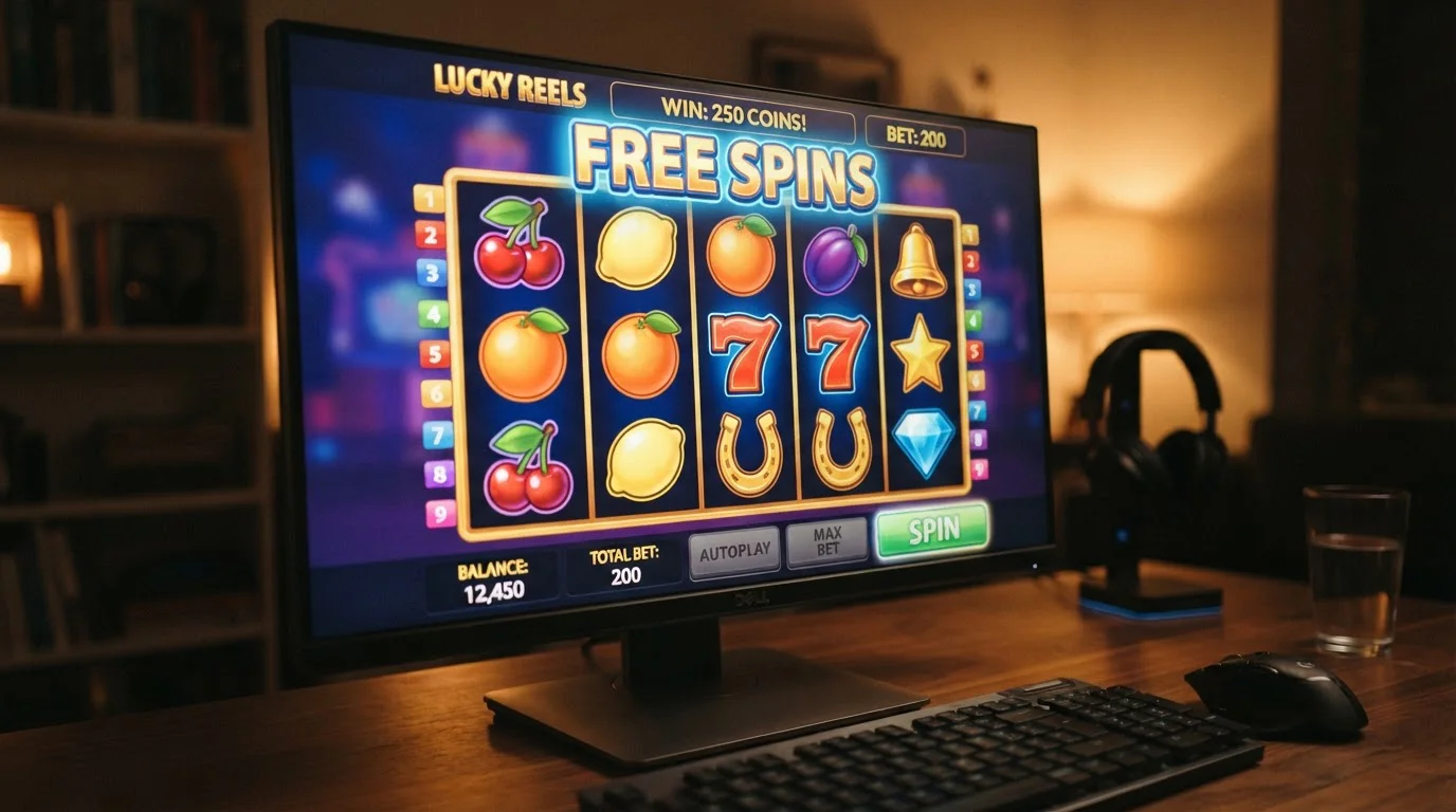 Pokie machine screen showing free spins bonus with zero balance requirement