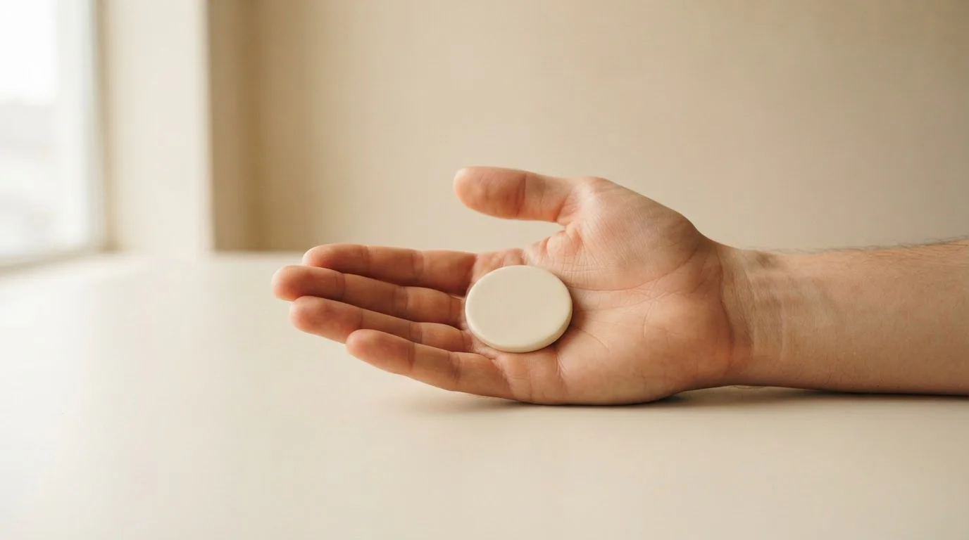 Open upturned palm holding a single plain unbranded token on a neutral surface
