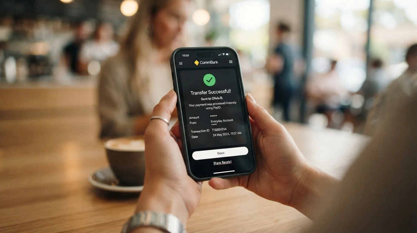 Smartphone showing Australian banking app with successful PayID instant transfer