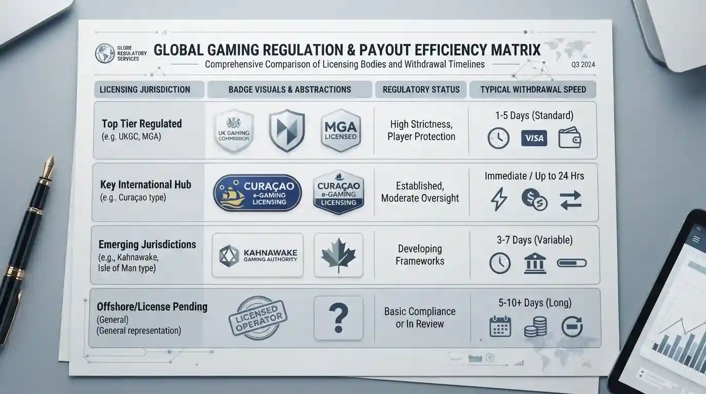 Comparison table showing offshore casino licensing and payout speeds for Australian players