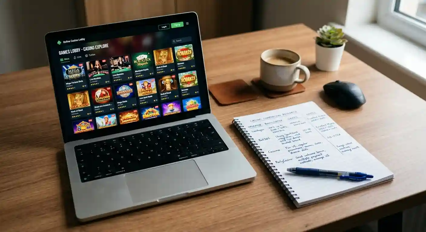 Desk with laptop showing casino lobby and handwritten comparison notes