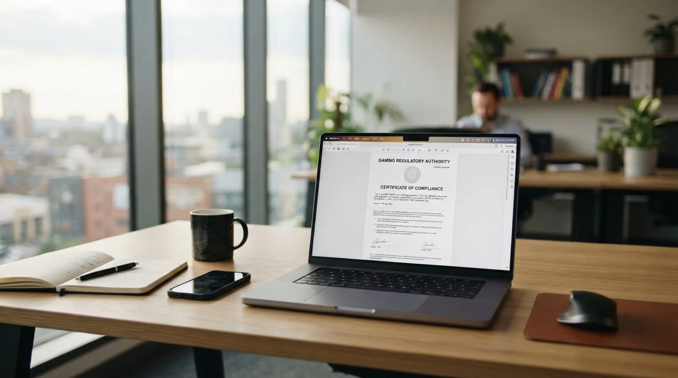 Clean desk with laptop displaying offshore casino licensing documentation