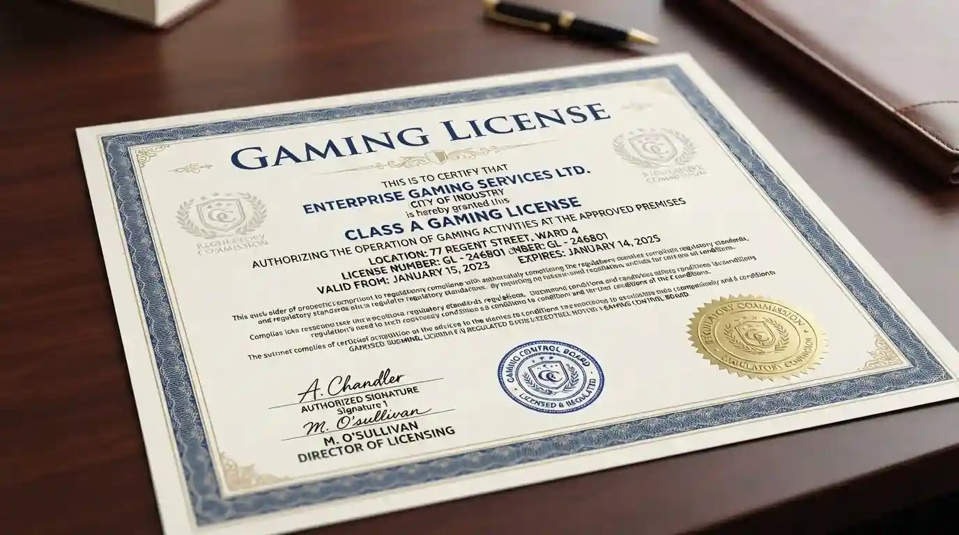 Document showing offshore gambling license certificate with Anjouan and Curaçao regulatory stamps