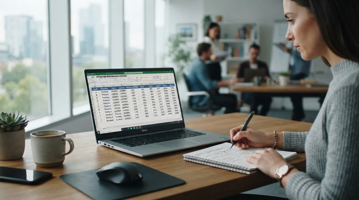 Laptop screen showing operator comparison spreadsheet with performance metrics