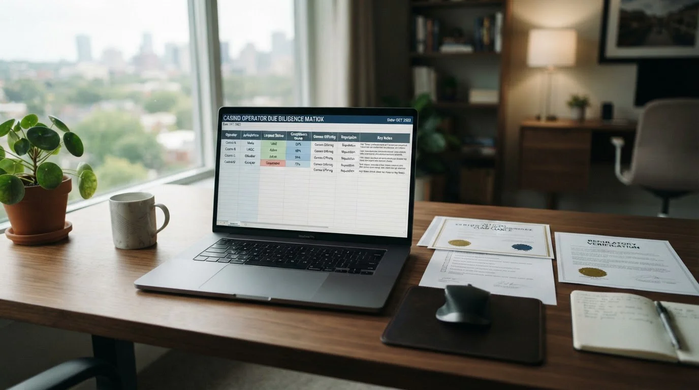 Laptop screen displaying offshore casino comparison table with license verification documents