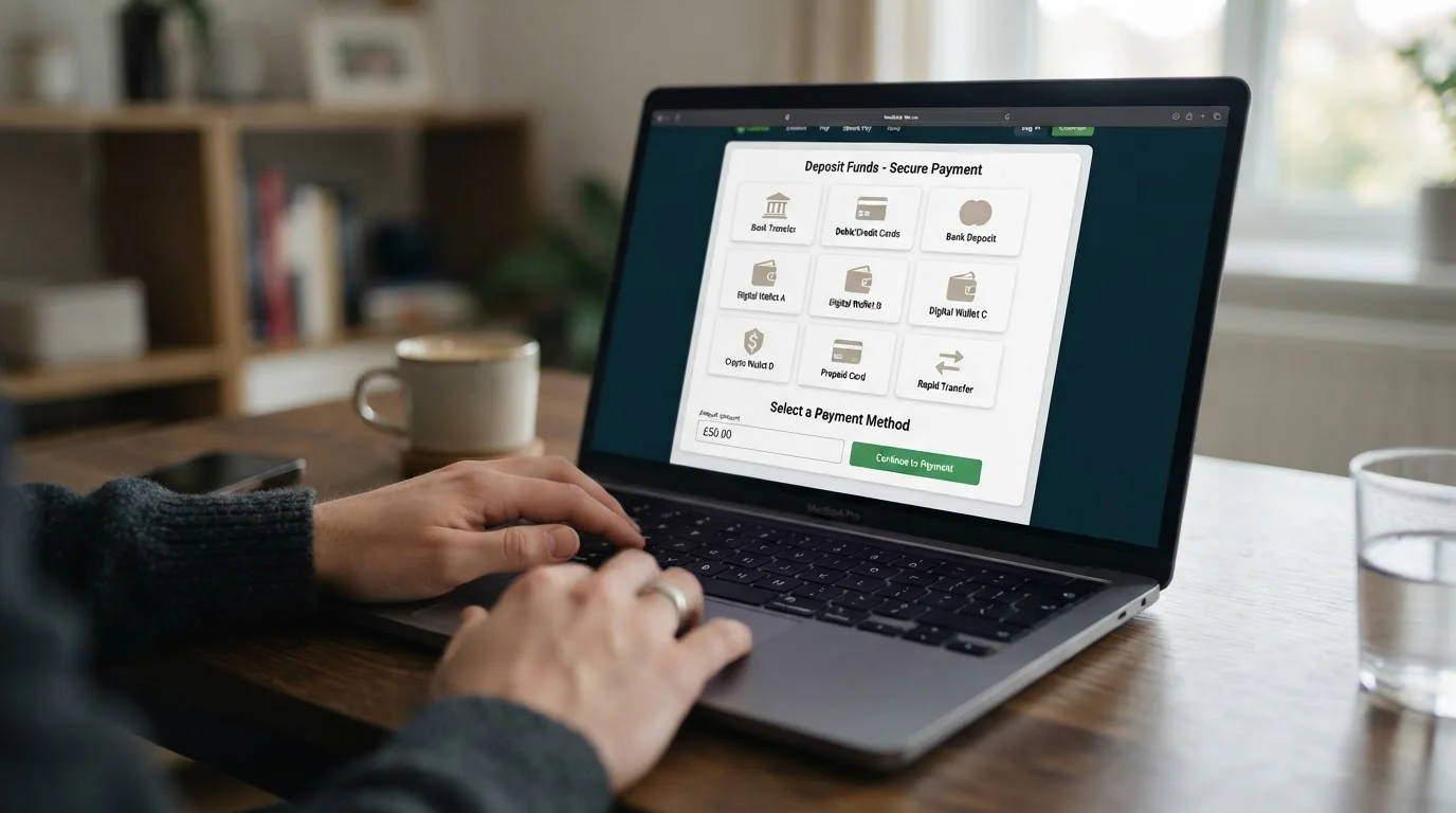 Laptop displaying offshore casino cashier with multiple e-wallet options