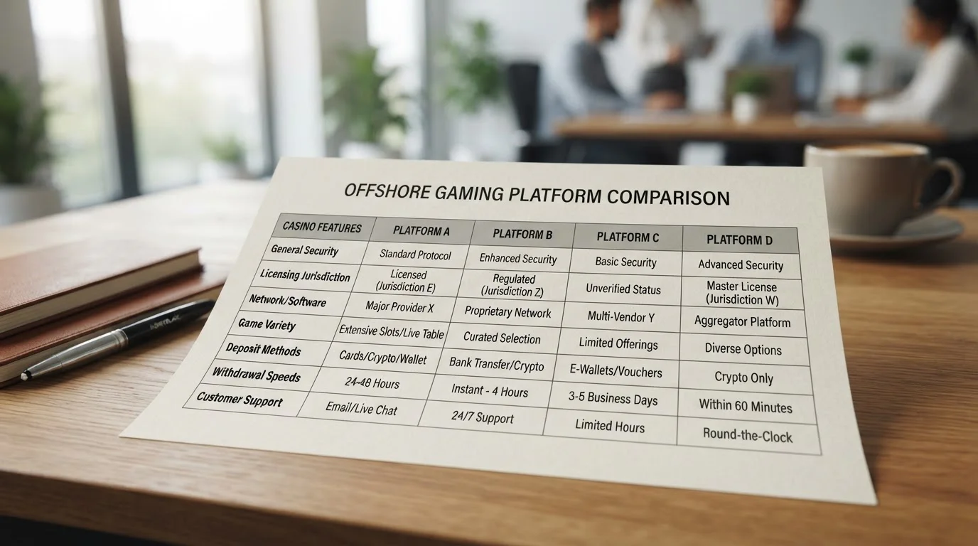 Clean comparison table showing offshore casino features with license status and network support columns