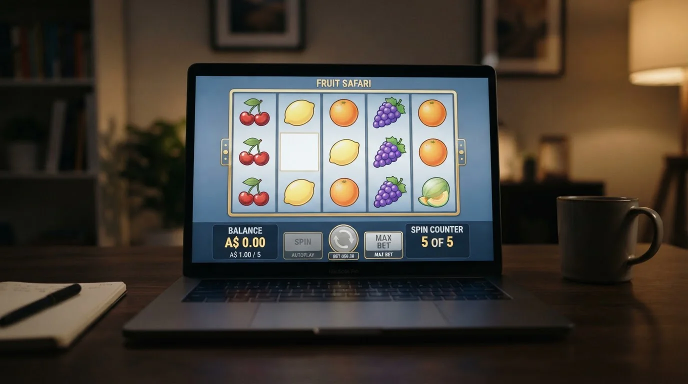 Pokie screen showing five spins played with balance declining from A$1.00 to zero