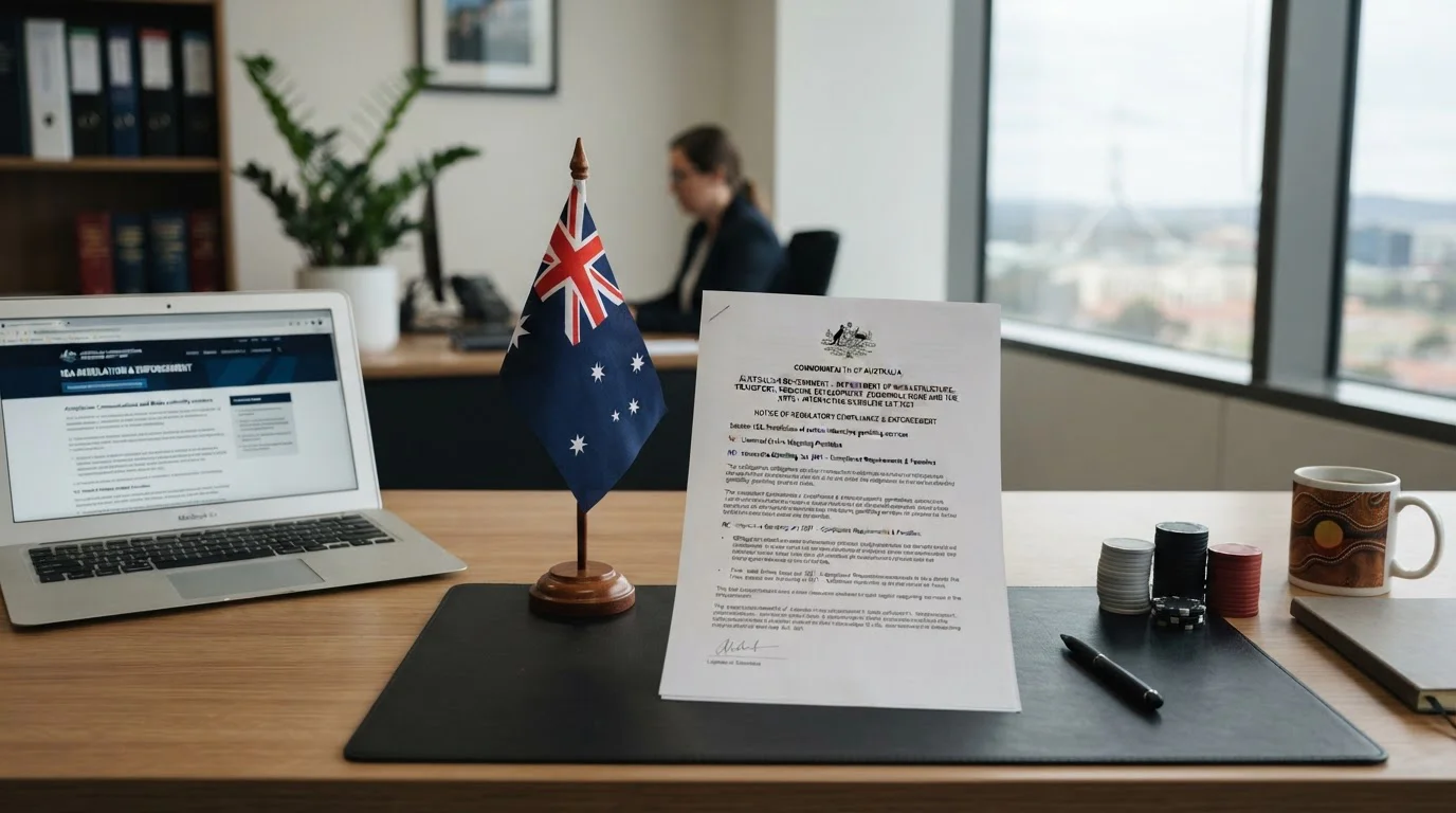 Australian flag with legal document and casino chips on desk symbolizing regulatory framework