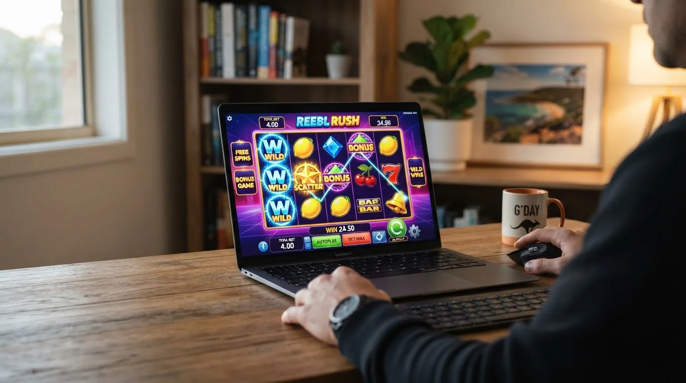 Modern online pokies interface showing reels and bonus features