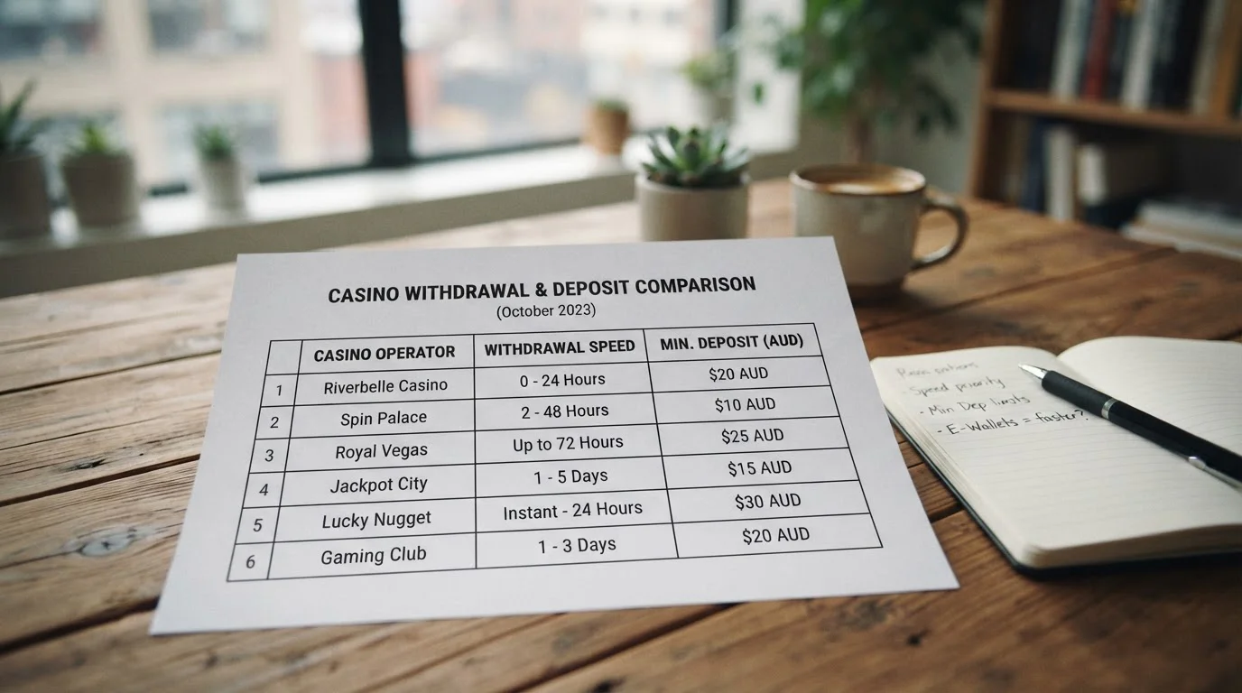 Comparison chart showing casino withdrawal speeds and minimum deposits