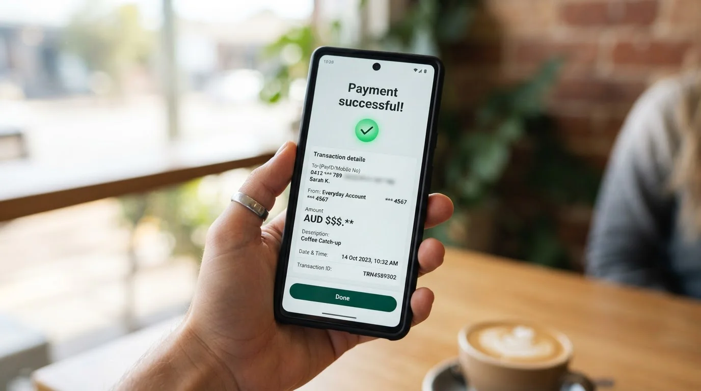 Phone screen showing PayID instant bank transfer confirmation for casino deposit
