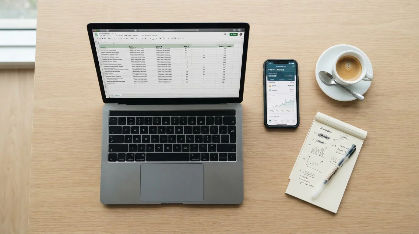 Modern desk with laptop showing casino comparison spreadsheet and smartphone with banking app