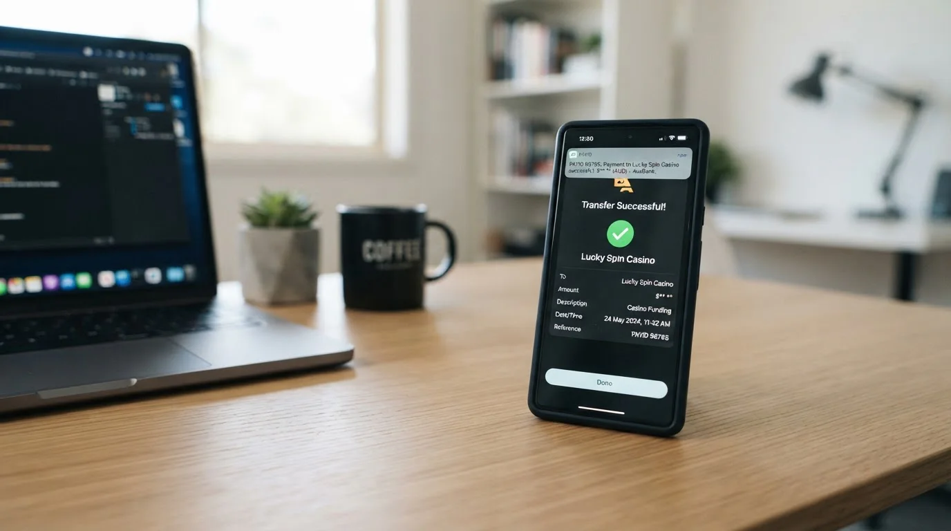 Australian bank app showing PayID transfer confirmation from online casino